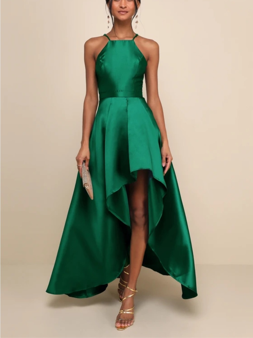 Lulu's Emerald High-Low Satin Halter Gown